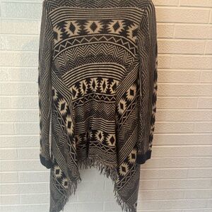 Boho Fringe Open-Front Knit Sweater Cape in Navy and Cream